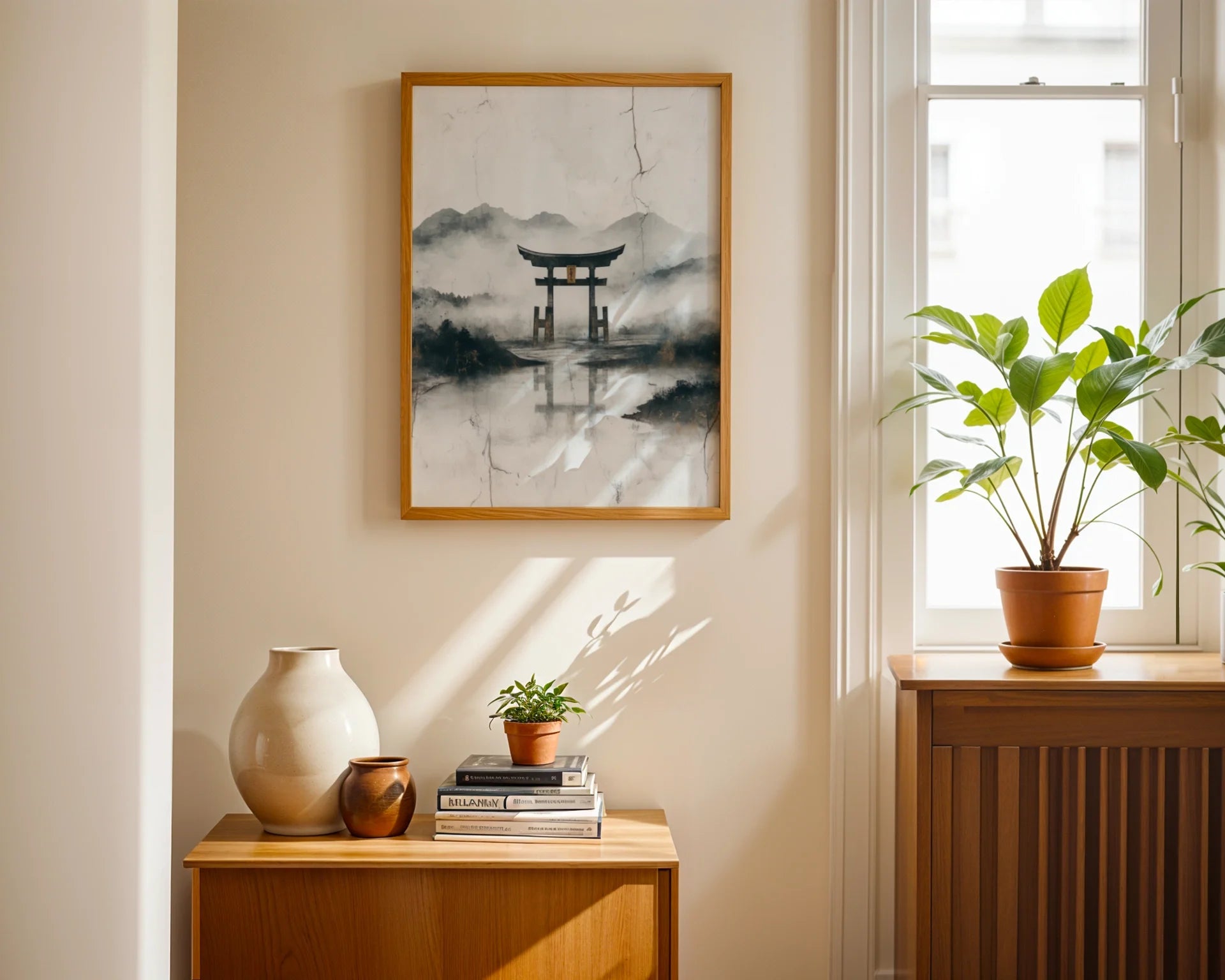 Japanese Torii Gate Misty Mountain Japandi in room