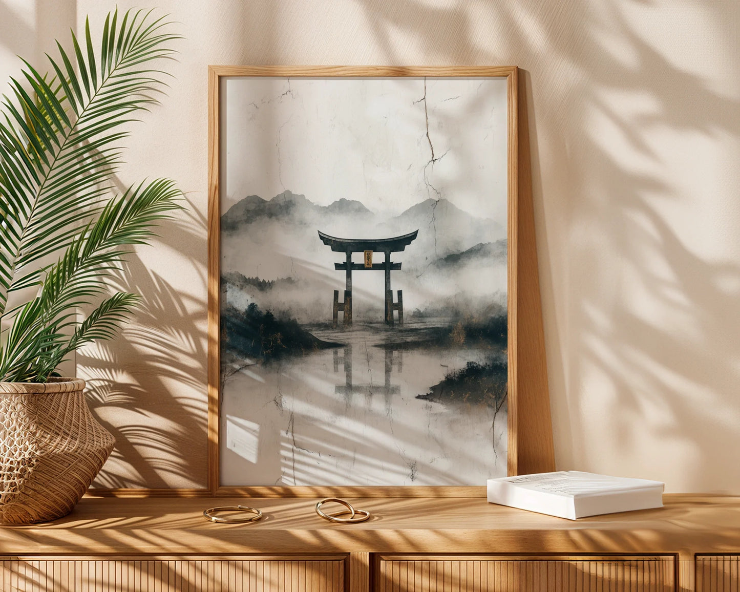 Japanese Torii Gate Misty Mountain Japandi in room
