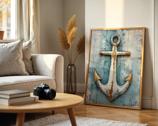 Coastal Anchor Art Salt Crusted Maritime Canvas Wall Art — Farmhouse style canvas showcasing an aged sea anchor with storm-beaten character for coastal home decor