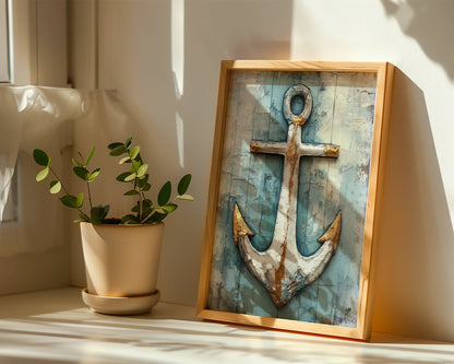 Coastal Anchor Art Salt Crusted Maritime Canvas Wall Art — Shabby chic ship anchor canvas with antique patina and sea-weathered charm for cottage style spaces