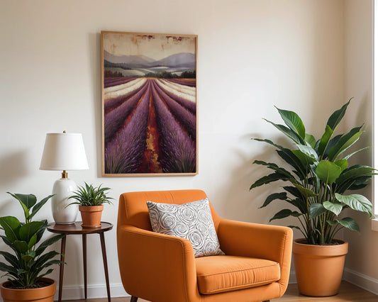 Lavender Field Painting Farmhouse Textured Canvas Wall Art — Cottage-style canvas showcasing endless rows of herbs stretching toward distant peaks for farmhouse decor