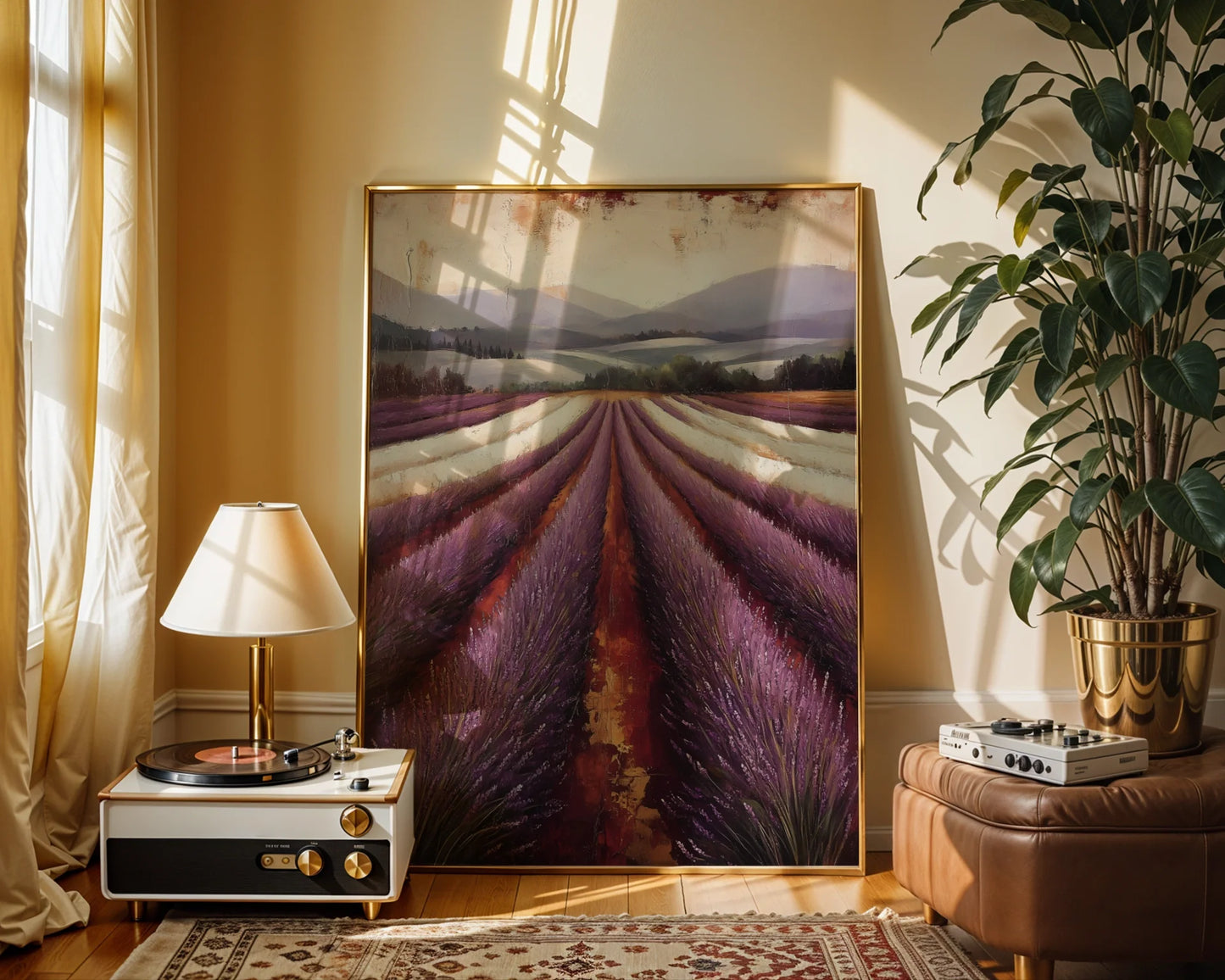 Lavender Field Painting Farmhouse Textured Canvas Wall Art — Country botanical artwork featuring rolling agricultural fields beneath soft hills for rustic interiors