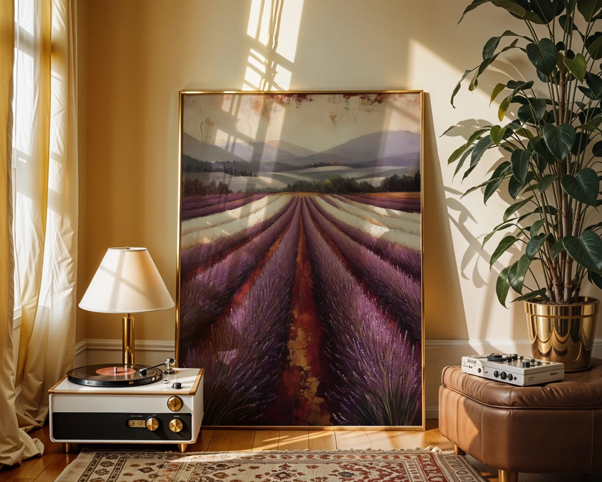 Lavender Field Painting Farmhouse Textured Canvas Wall Art — Country botanical artwork featuring rolling agricultural fields beneath soft hills for rustic interiors
