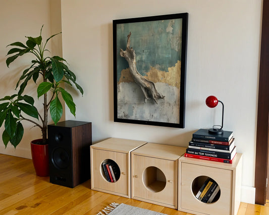 Driftwood Wall Sculpture Distressed Plaster Canvas Wall Art — Modern bohemian bedroom featuring textured bark artwork mounted on cream textured walls for serene home styling