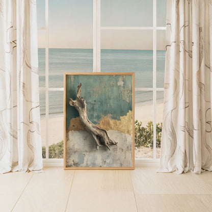 Driftwood Wall Sculpture Distressed Plaster Canvas Wall Art — Tropical themed den featuring raw timber branch canvas creating nature-inspired accent for breezy interior style