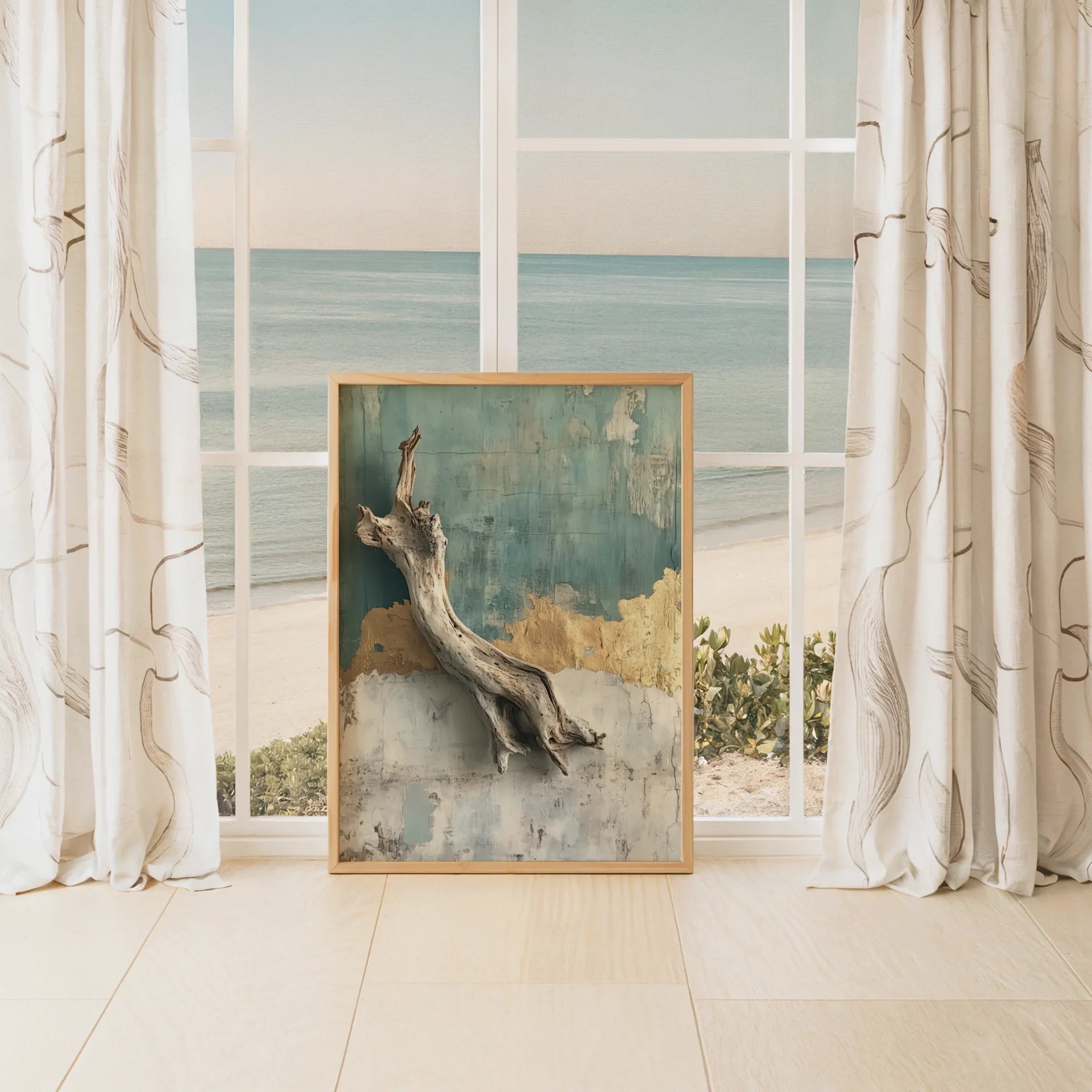 Driftwood Wall Sculpture Distressed Plaster in room