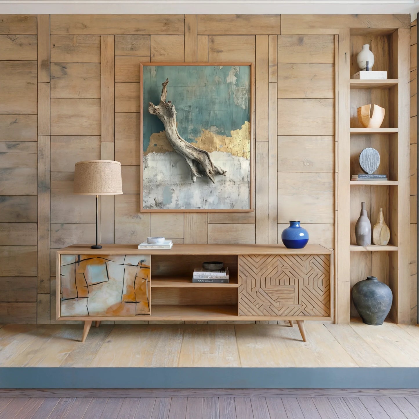 Driftwood Wall Sculpture Distressed Plaster in room