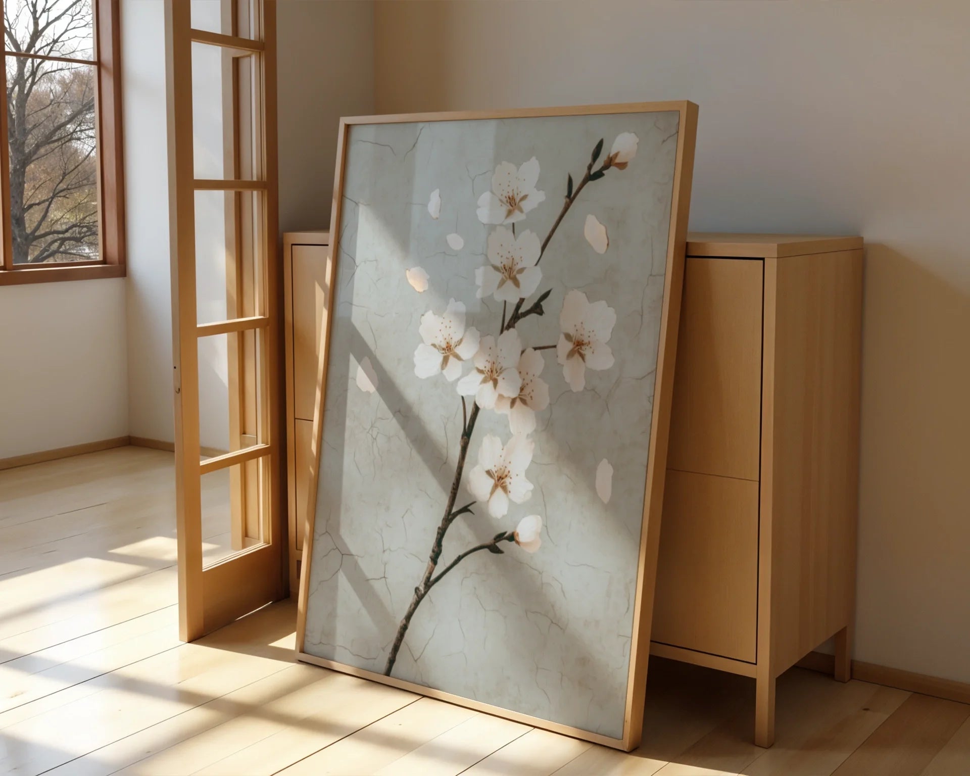 Cherry Blossom Art Japandi Cracked Plaster in room