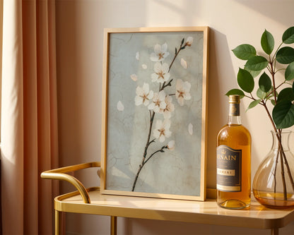 Cherry Blossom Art Japandi Cracked Plaster Canvas Wall Art — Organic botanical artwork featuring soft florals in contemporary home interior setting