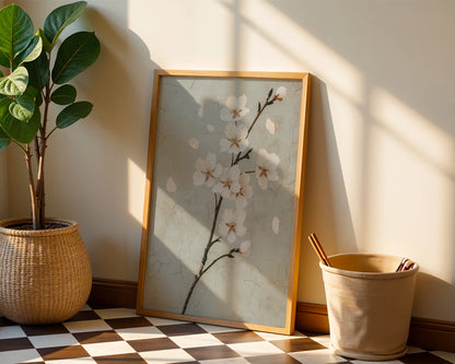 Cherry Blossom Art Japandi Cracked Plaster Canvas Wall Art — Rustic textured artwork with floating blooms styled in minimalist modern decor space