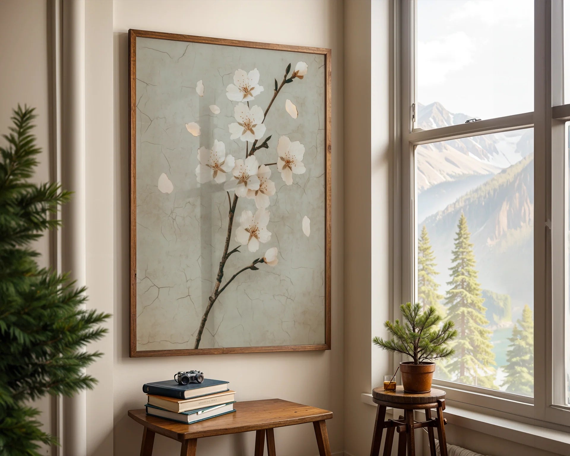Cherry Blossom Art Japandi Cracked Plaster in room