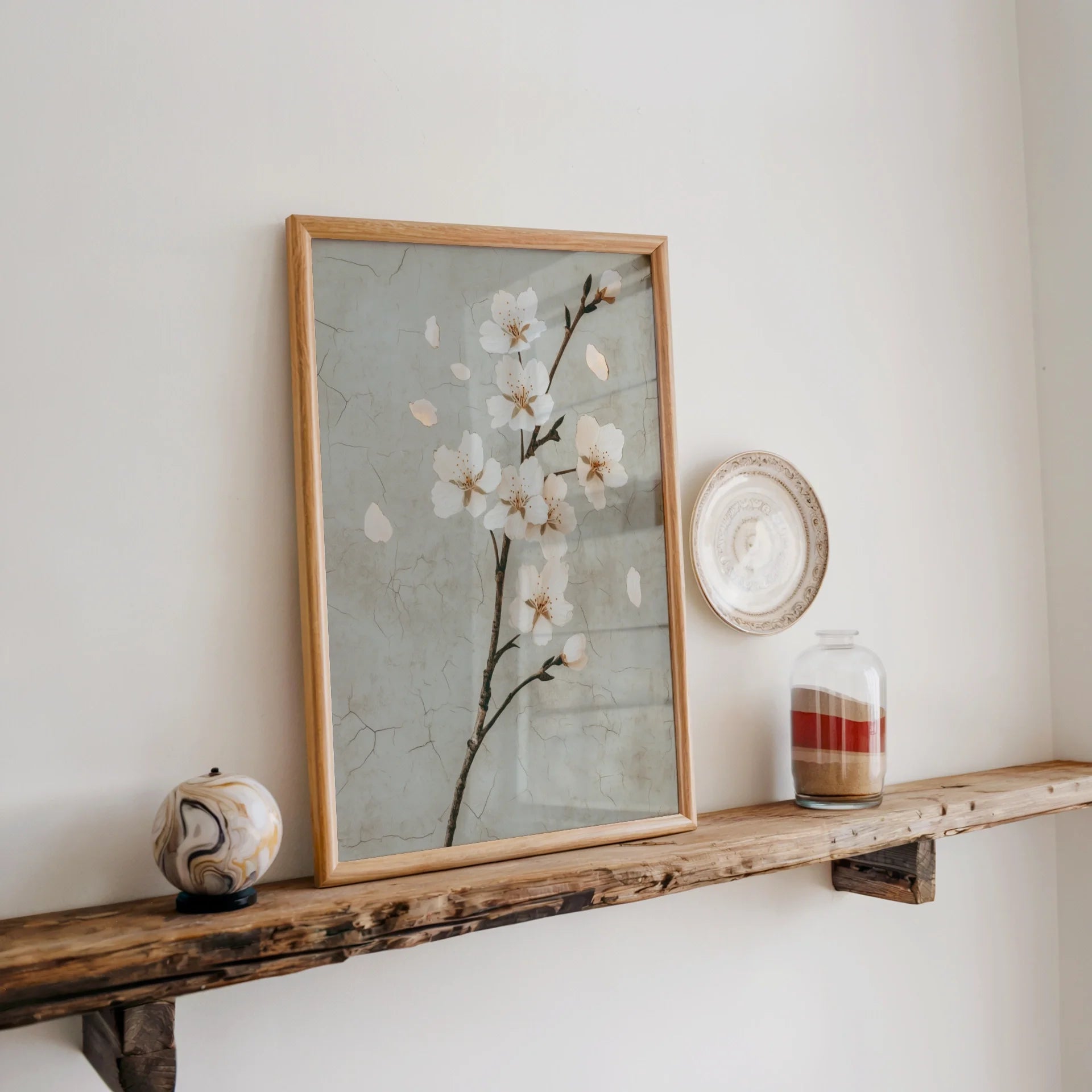 Cherry Blossom Art Japandi Cracked Plaster Canvas Wall Art — Understated spring artwork with distressed finish shown in modern home styling