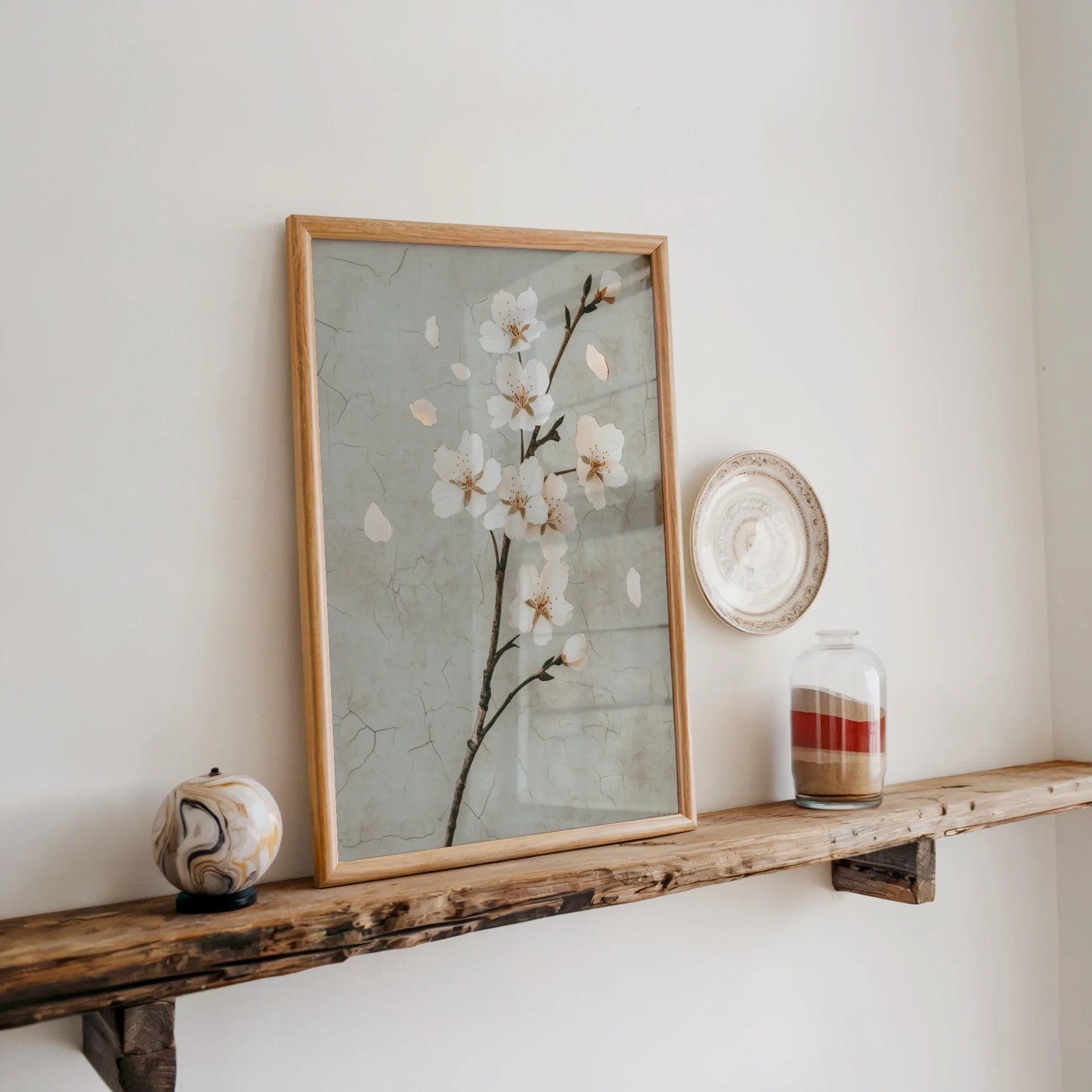 Cherry Blossom Art Japandi Cracked Plaster in room