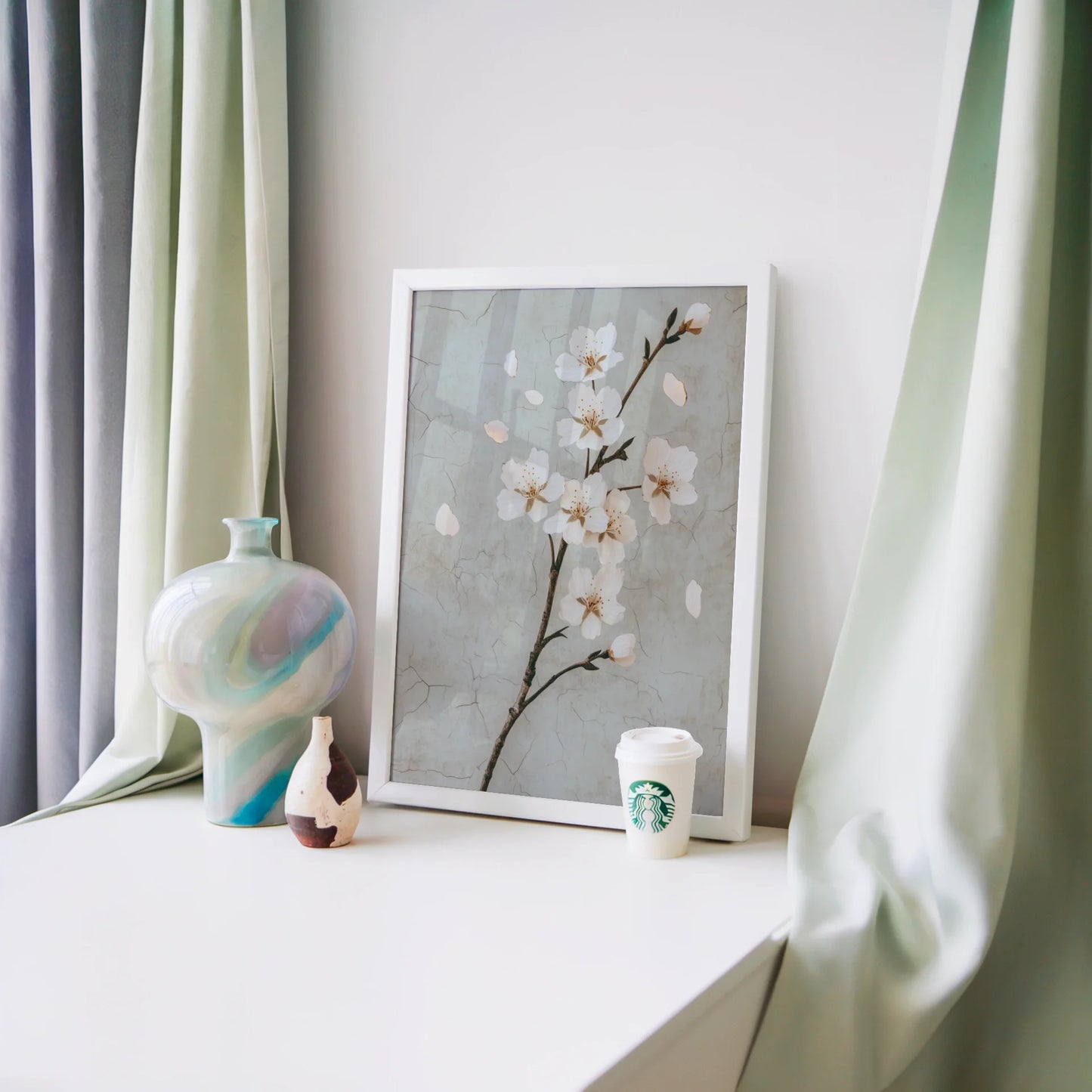 Cherry Blossom Art Japandi Cracked Plaster in room