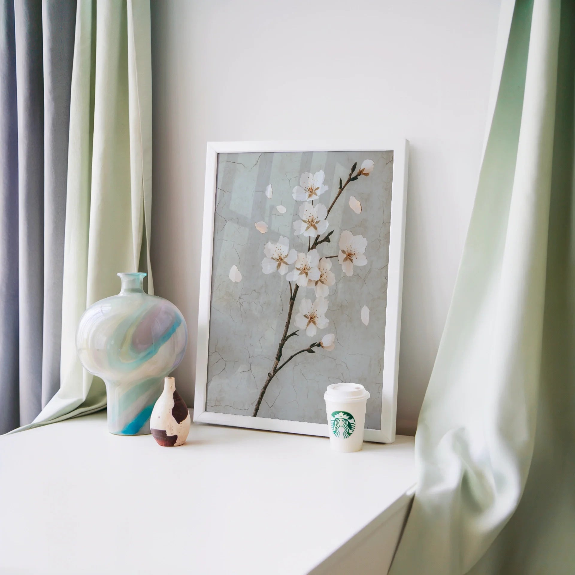 Cherry Blossom Art Japandi Cracked Plaster in room