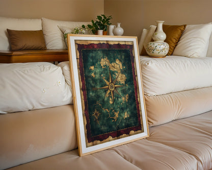 Nautical Map Canvas Wall Art Dark Academia Compass Rose Print — Mysterious ocean cartography canvas displaying forgotten islands in rich dramatic home aesthetics