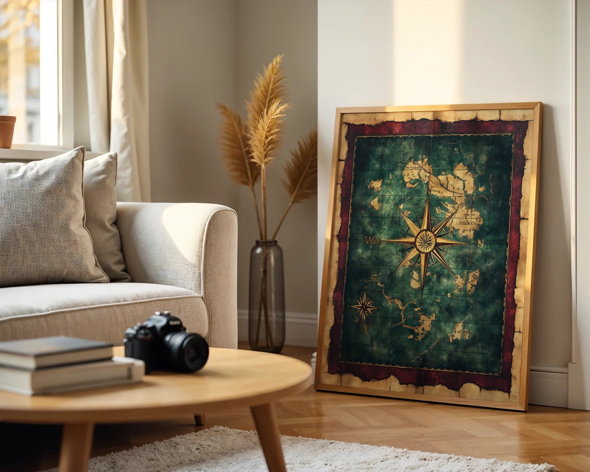 Nautical Map Canvas Wall Art Dark Academia Compass Rose Print — Old world exploration maps mounted as sophisticated intellectual wall decor with timeless appeal