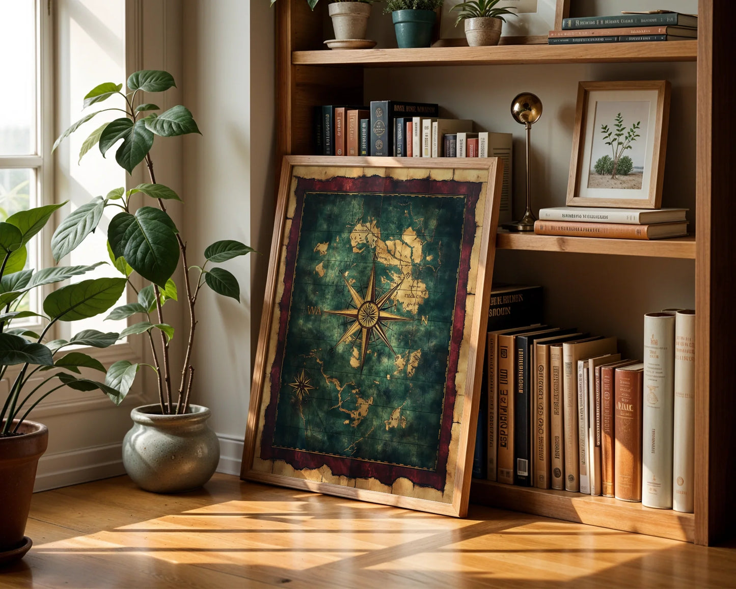Nautical Map Canvas Wall Art Dark Academia Compass Rose Print — Atmospheric seafaring artwork showcasing historical navigation tools for contemplative interiors