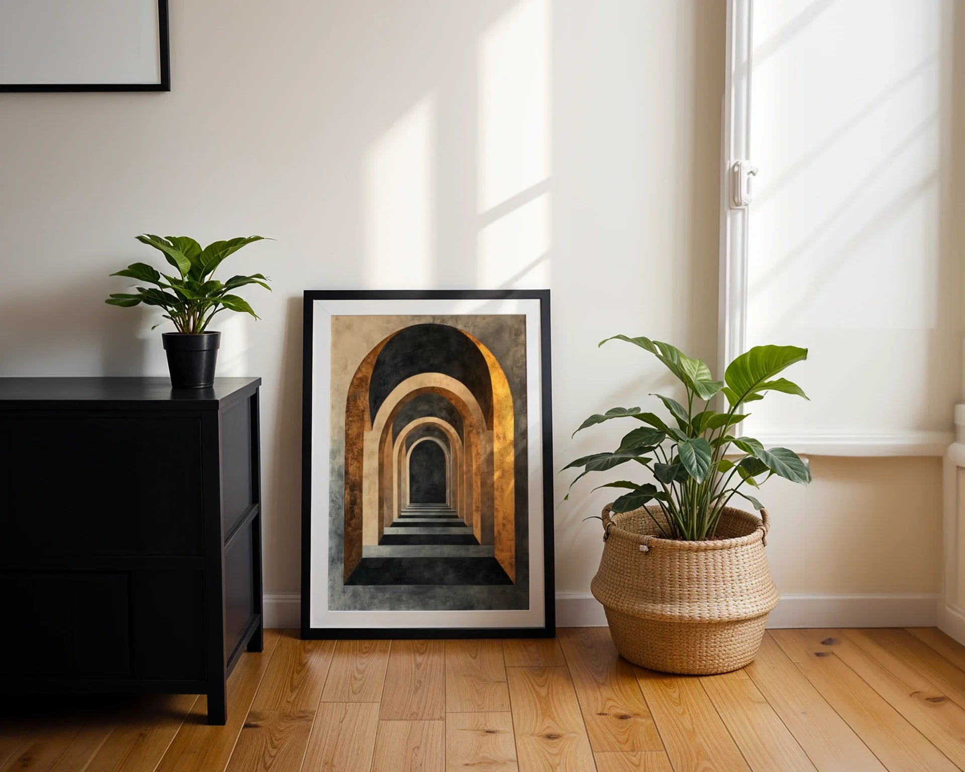 Architectural Infinity Tunnel Honey Bronze Canvas Wall Art — Sophisticated canvas featuring endless passageway design for elevated interior styling and refined spaces
