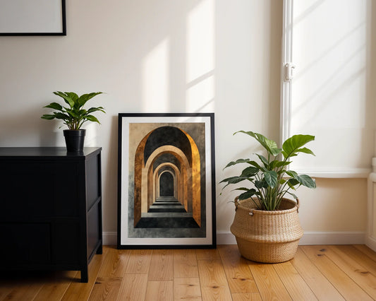 Architectural Infinity Tunnel Honey Bronze Canvas Wall Art — Sophisticated canvas featuring endless passageway design for elevated interior styling and refined spaces