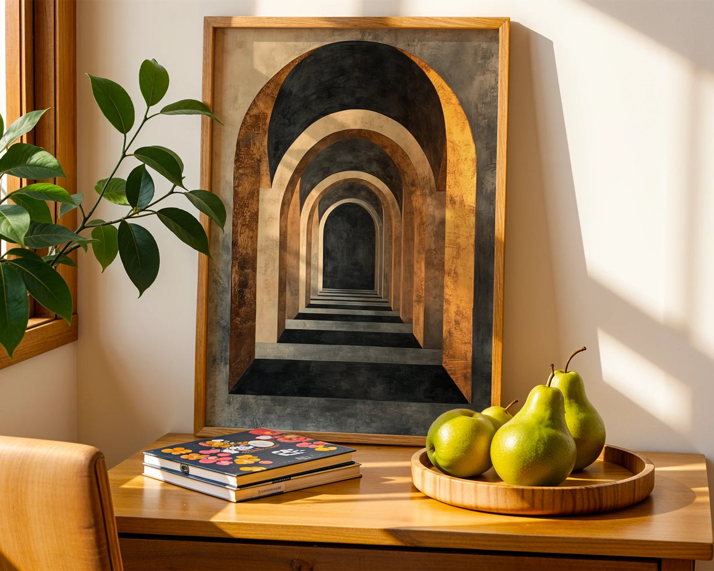 Architectural Infinity Tunnel Honey Bronze Canvas Wall Art — Contemporary home accent showcasing vanishing hallway artwork for sleek living room aesthetics