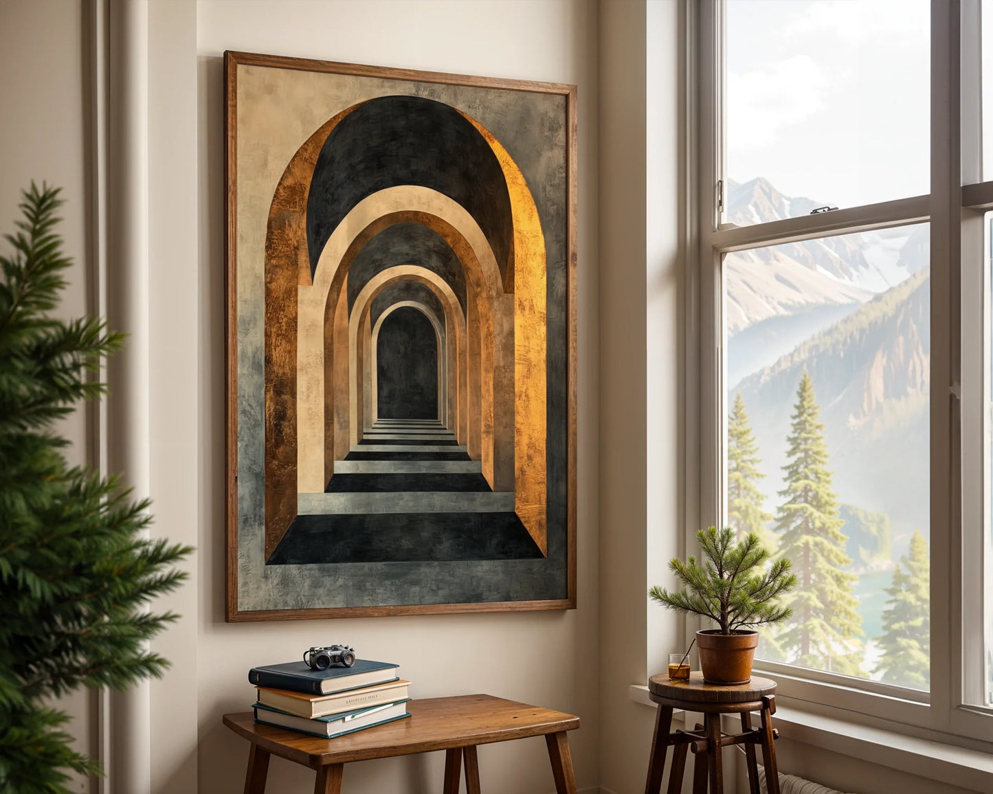 Architectural Infinity Tunnel Honey Bronze Canvas Wall Art — Elegant canvas print of disappearing pathway for upscale interior design and stylish wall displays