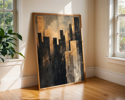 Gold Manhattan Skyline Champagne Mist Canvas Wall Art — Artistic canvas capturing twilight towers in warm hues for modern interior decorating