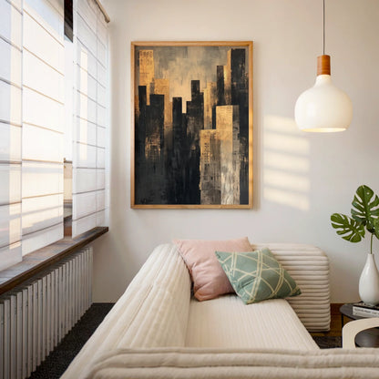 Gold Manhattan Skyline Champagne Mist Canvas Wall Art — Professional artwork depicting corporate buildings in sunset glow for sleek home aesthetics
