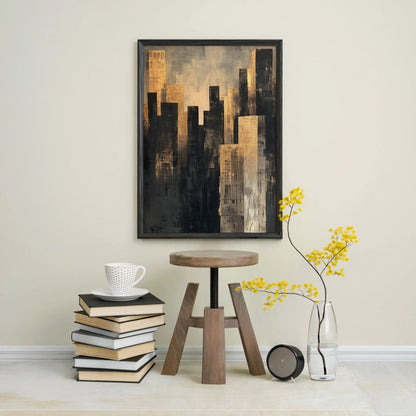 Gold Manhattan Skyline Champagne Mist Canvas Wall Art — Rich honey-colored canvas with charcoal accents creating textured depth on neutral walls