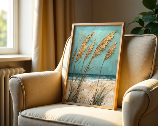 Coastal Pampas Grass Windswept Plumes Turquoise Canvas Wall Art — Minimalist canvas showcasing flowing grass silhouettes against ocean waves for contemporary home styling