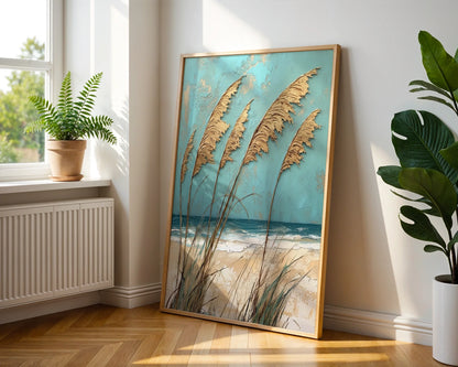 Coastal Pampas Grass Windswept Plumes Turquoise Canvas Wall Art — Ocean-inspired canvas displaying graceful reed movements ideal for modern coastal living spaces