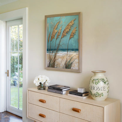 Coastal Pampas Grass Windswept Plumes Turquoise Canvas Wall Art — Calming waterside canvas featuring elegant dune vegetation for refined seaside home styling