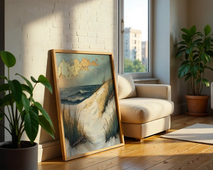 Coastal Dunes Storm Clouds Windswept Shore Canvas Wall Art — Maritime-themed family room displaying windblown coastline painting with vintage sailing charm