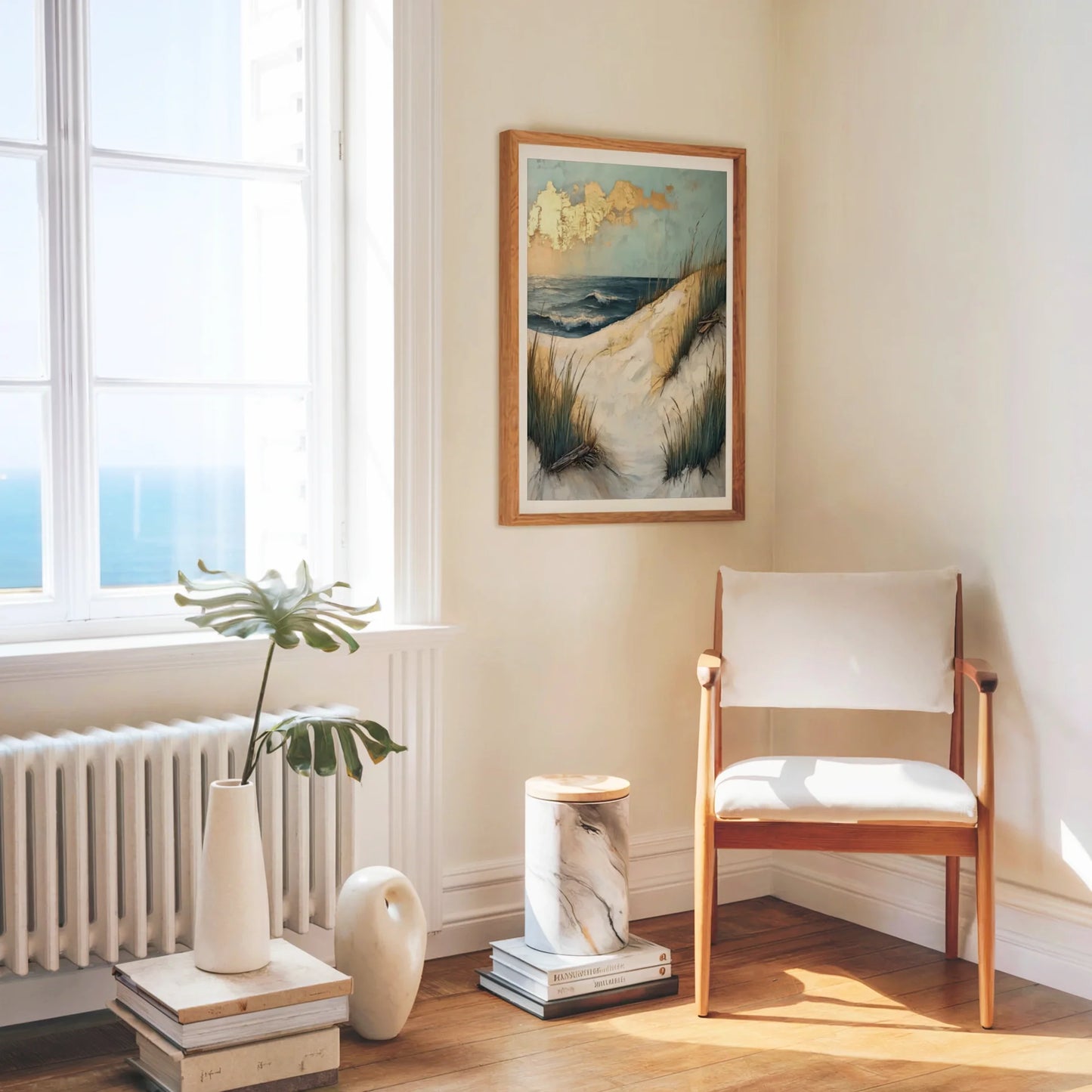 Coastal Dunes Storm Clouds Windswept Shore Canvas Wall Art — Industrial loft bedroom showcasing textured shoreline canvas with minimalist coastal vibes