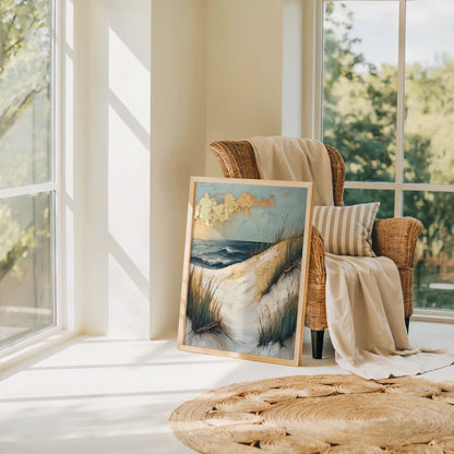 Coastal Dunes Storm Clouds Windswept Shore Canvas Wall Art — Cream and dusty blue seascape canvas with rough-hewn surface texture displayed in bright interior