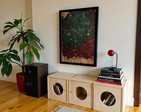 Star Map Constellation Ancient Astronomy Chart Canvas Wall Art — Scholarly interior featuring mystical celestial artwork with hand-drawn star patterns for refined home decor