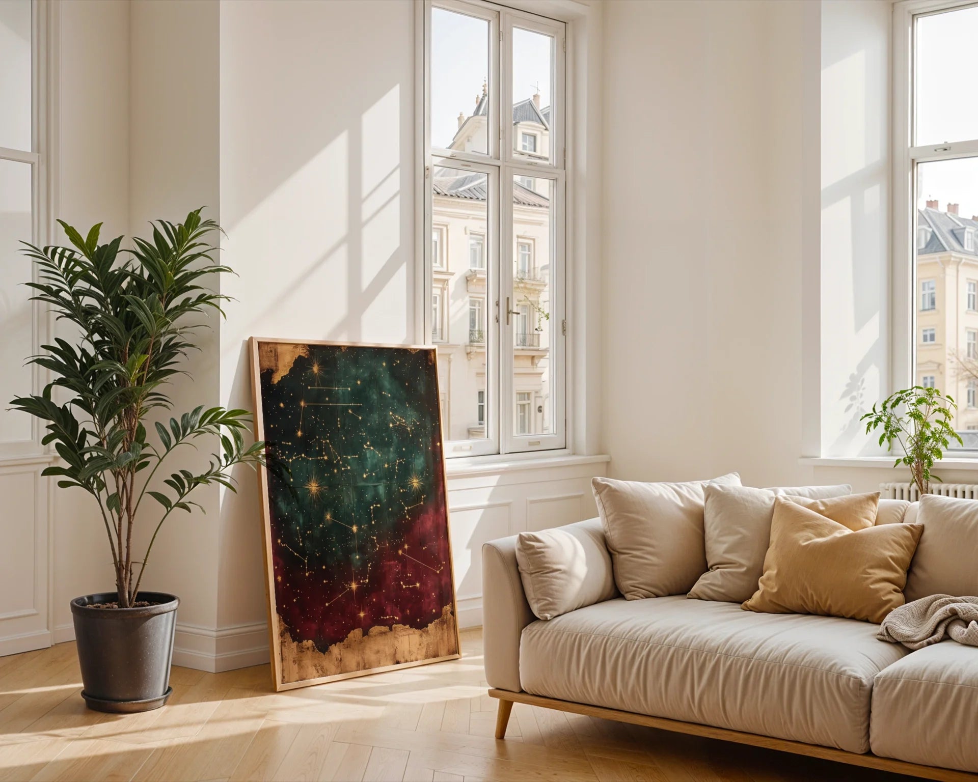 Star Map Constellation Ancient Astronomy Chart Canvas Wall Art — Atmospheric space displaying brooding navigation chart artwork perfect for contemplative interior design