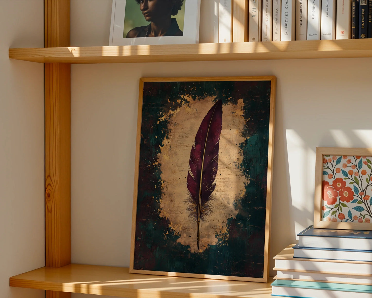 Burgundy Feather Quill Dark Academia Canvas Wall Art Writer — Scholarly inspired canvas showcasing crimson plume against aged paper for sophisticated interiors