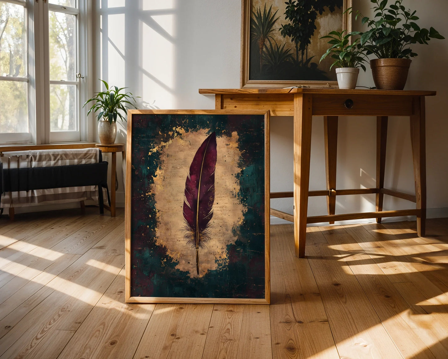Burgundy Feather Quill Dark Academia Writer in room