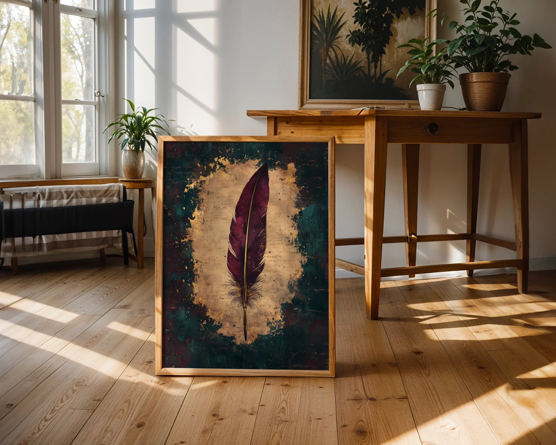 Burgundy Feather Quill Dark Academia Writer in room