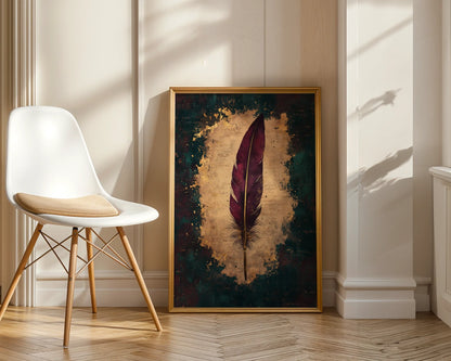 Burgundy Feather Quill Dark Academia Canvas Wall Art Writer — Classic literary canvas print featuring deep red feather on antique manuscript background