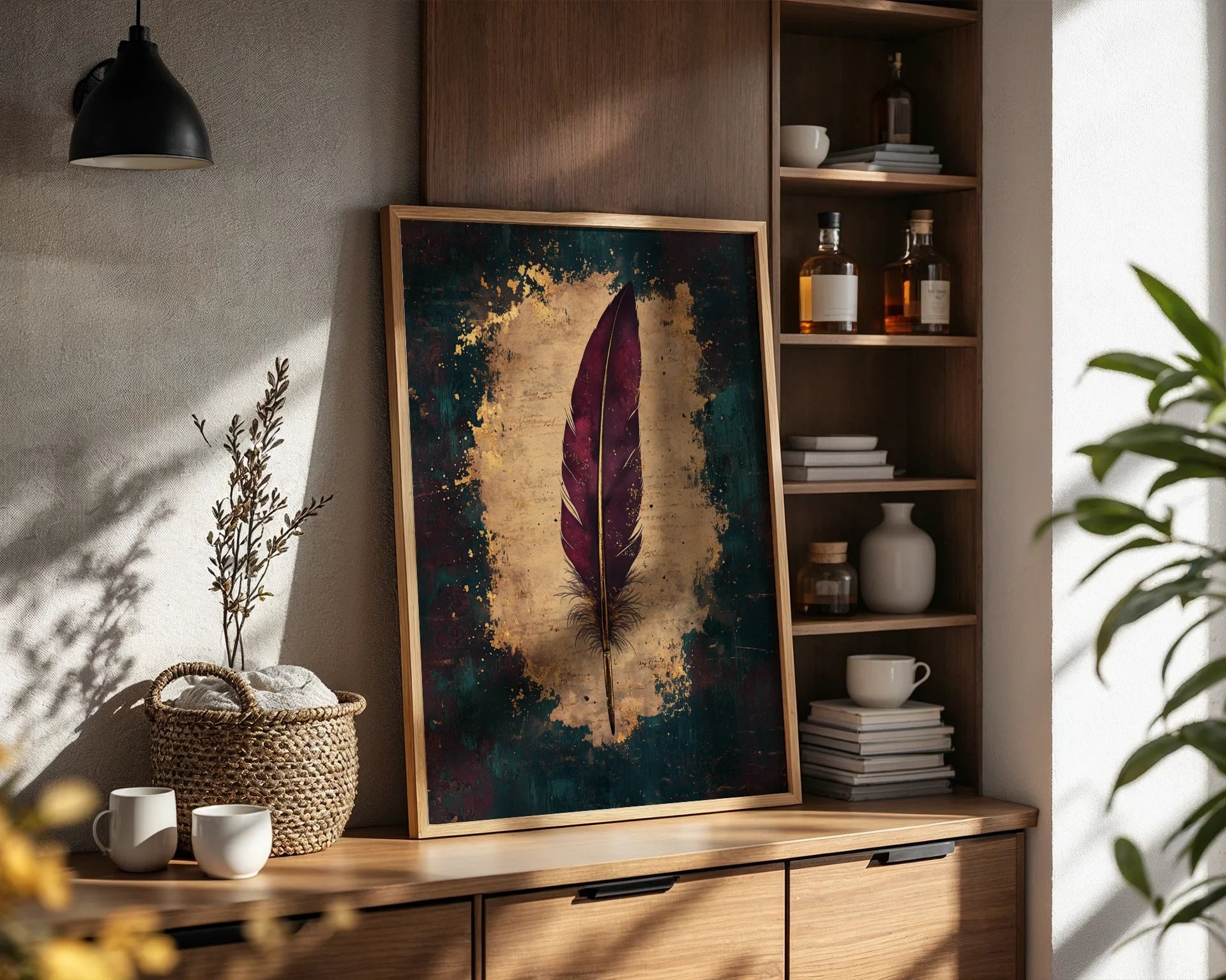Burgundy Feather Quill Dark Academia Writer in room