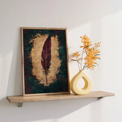 Burgundy Feather Quill Dark Academia Canvas Wall Art Writer — Intellectual design canvas displaying crimson writing quill against time-worn paper textures