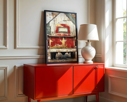 Red Truck Farmhouse Dissolving Barn Sanctuary Canvas Wall Art — Industrial chic interior showcases vintage automobile dissolving into countryside memories for modern home styling