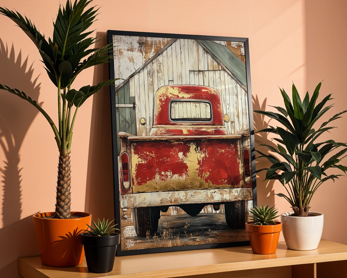 Red Truck Farmhouse Dissolving Barn Sanctuary Canvas Wall Art — Rustic modern room displays aged transport merging with agricultural landscape for contemporary decorating