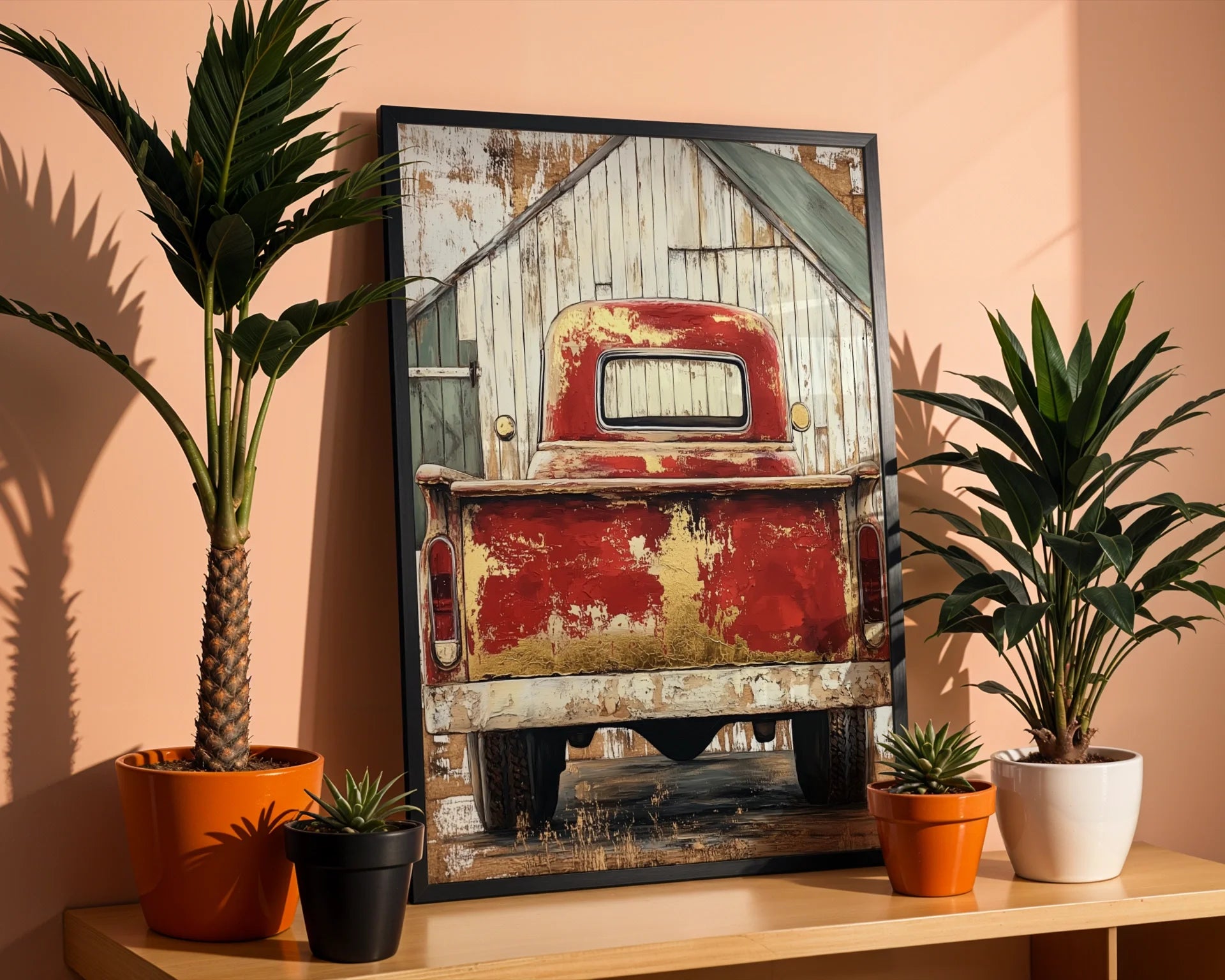 Red Truck Farmhouse Dissolving Barn Sanctuary Canvas Wall Art — Rustic modern room displays aged transport merging with agricultural landscape for contemporary decorating