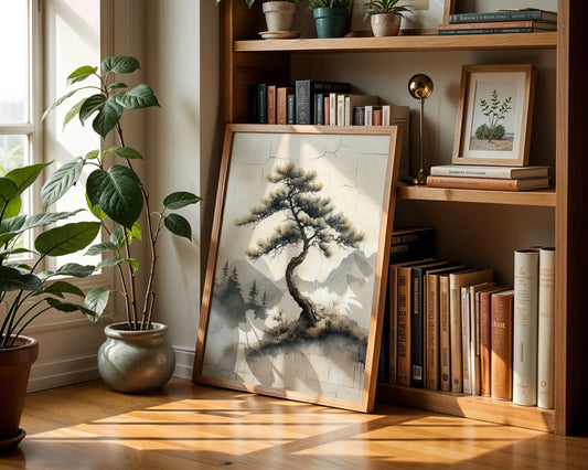 Japanese Pine Tree Misty Valley Japandi Canvas Wall Art — Minimalist wall art showcasing a twisted evergreen silhouette against foggy hills for modern home decor