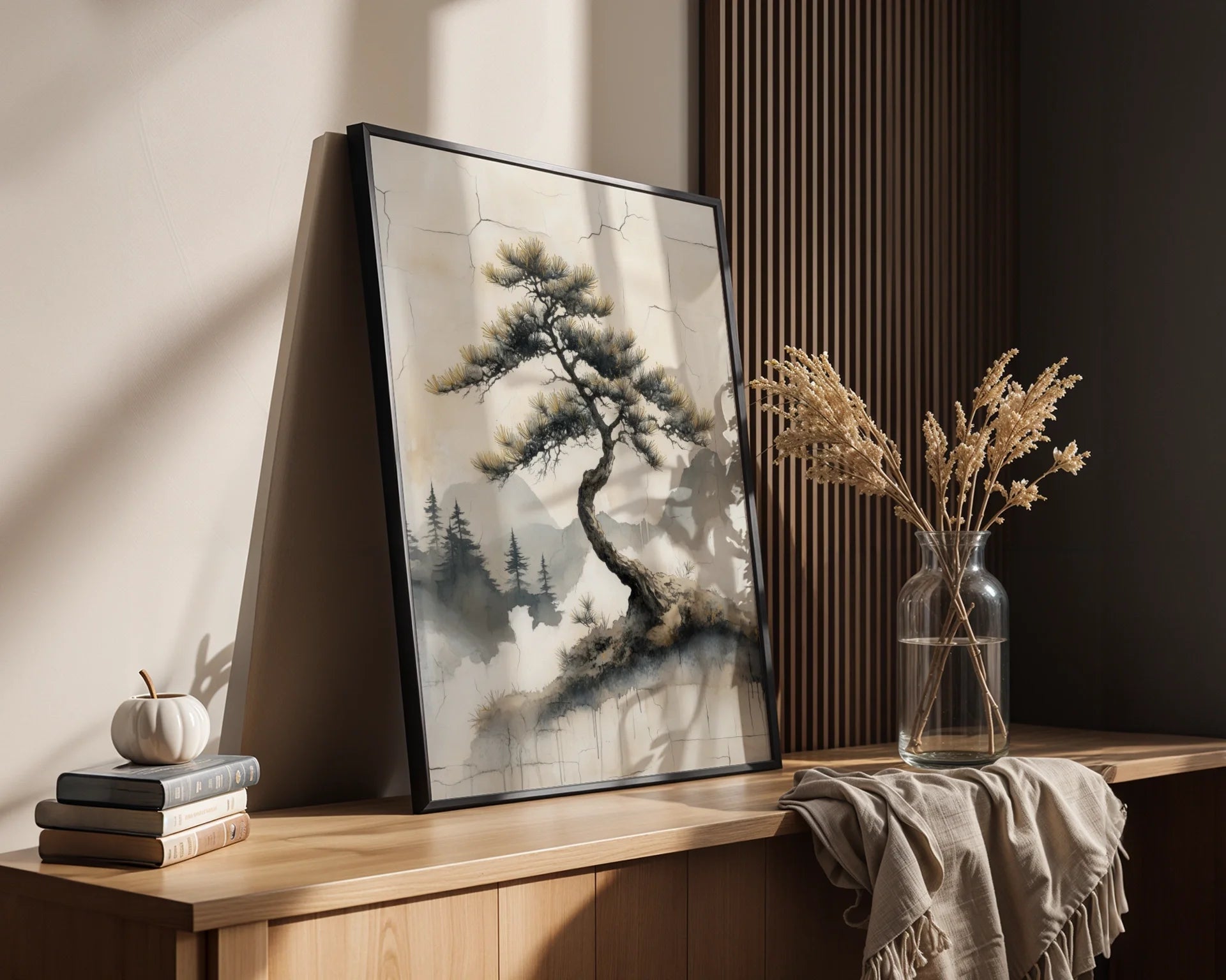 Japanese Pine Tree Misty Valley Japandi Canvas Wall Art — Scandinavian-inspired artwork featuring a gnarled conifer trunk bending gracefully through hazy terrain