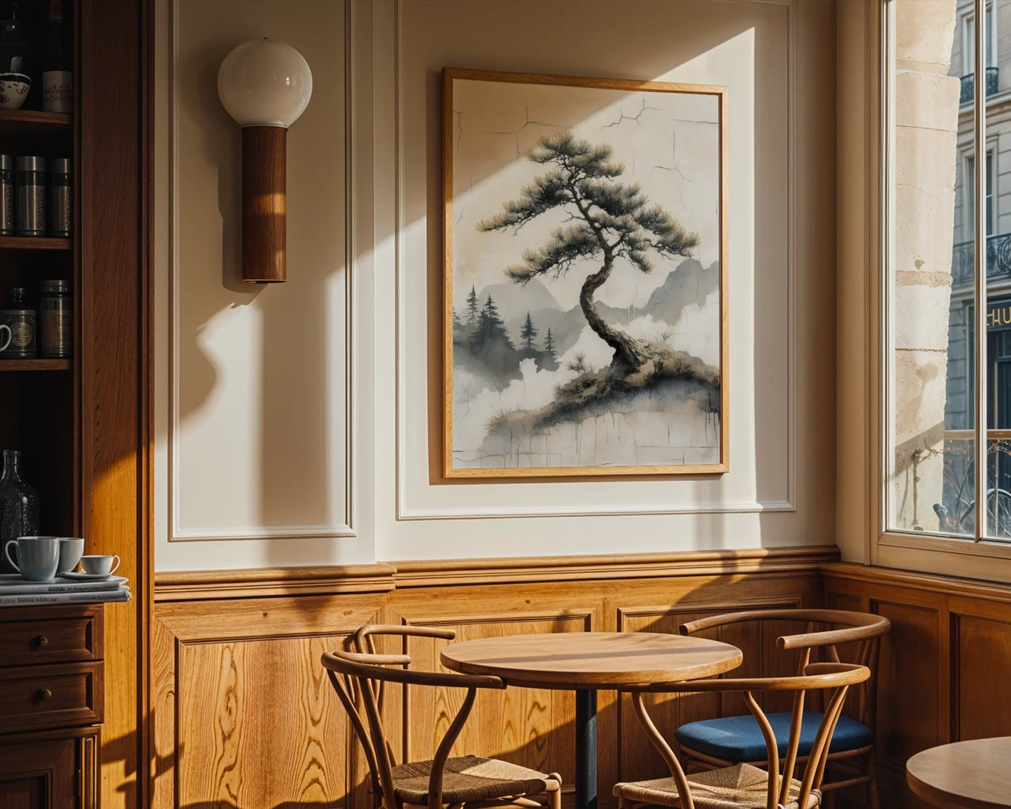 Japanese Pine Tree Misty Valley Japandi Canvas Wall Art — Zen-style canvas displaying a curved evergreen form emerging from cloudy mountain ridges in neutral tones