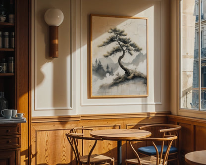 Japanese Pine Tree Misty Valley Japandi Canvas Wall Art — Zen-style canvas displaying a curved evergreen form emerging from cloudy mountain ridges in neutral tones